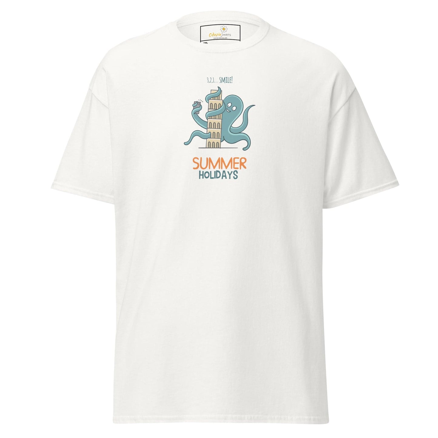 White graphic t-shirt.