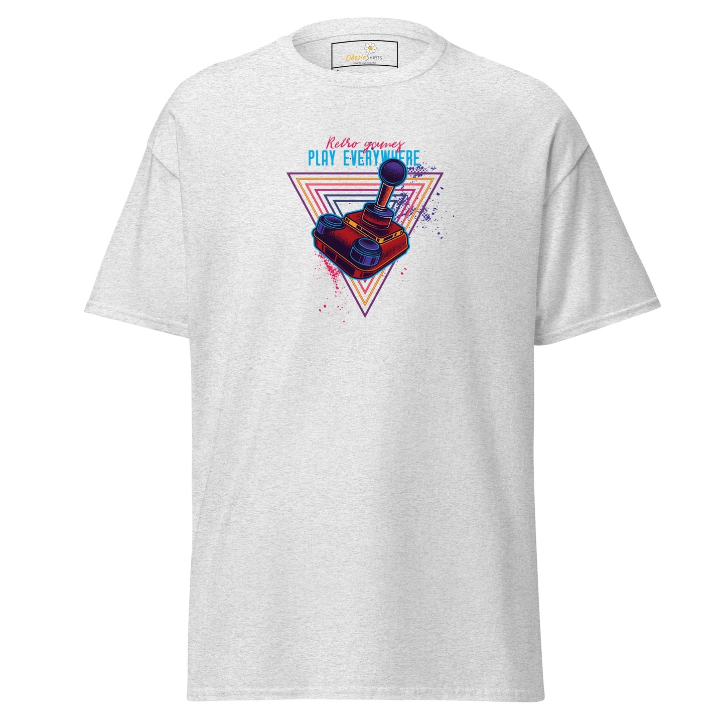 White T-shirt featuring a retro gaming design, suitable for men and women, available in S to XL