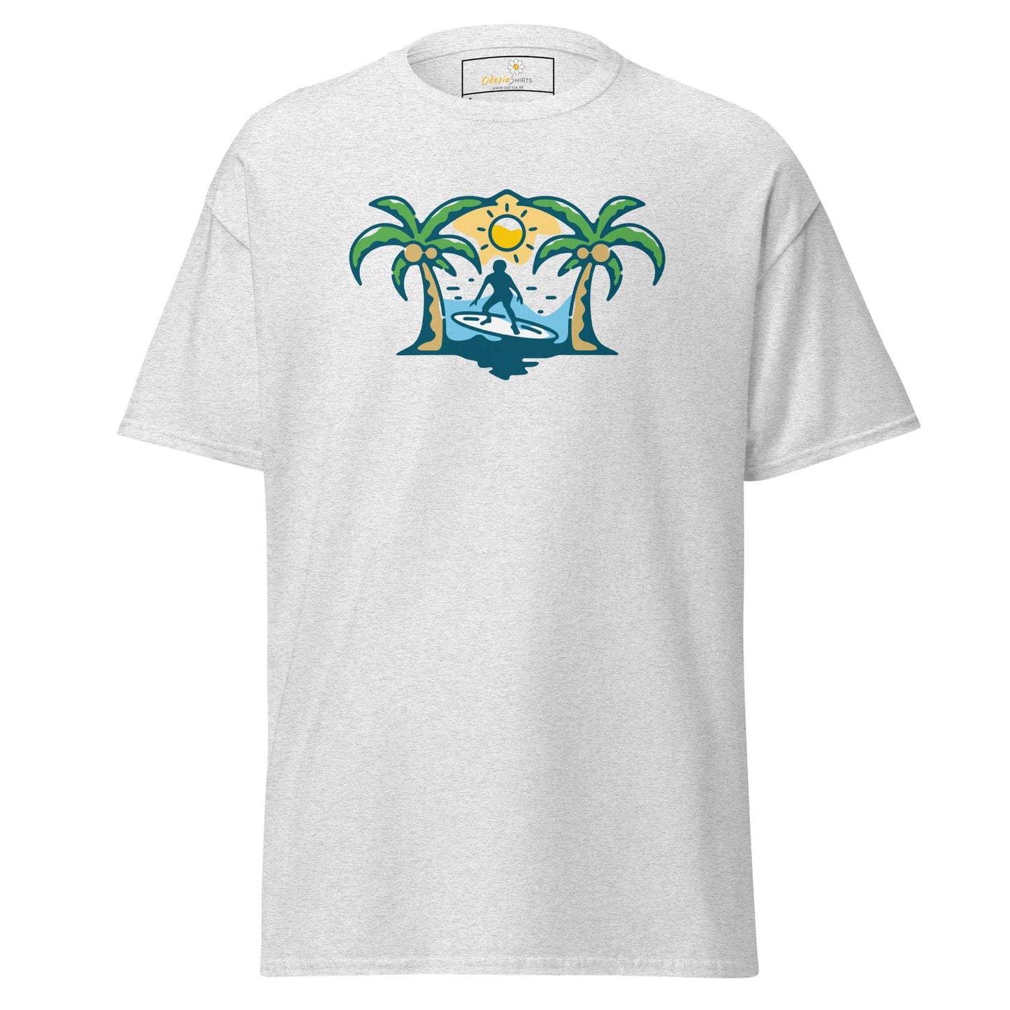 White T-shirt with surfer graphic for men and women, available in sizes S to XL