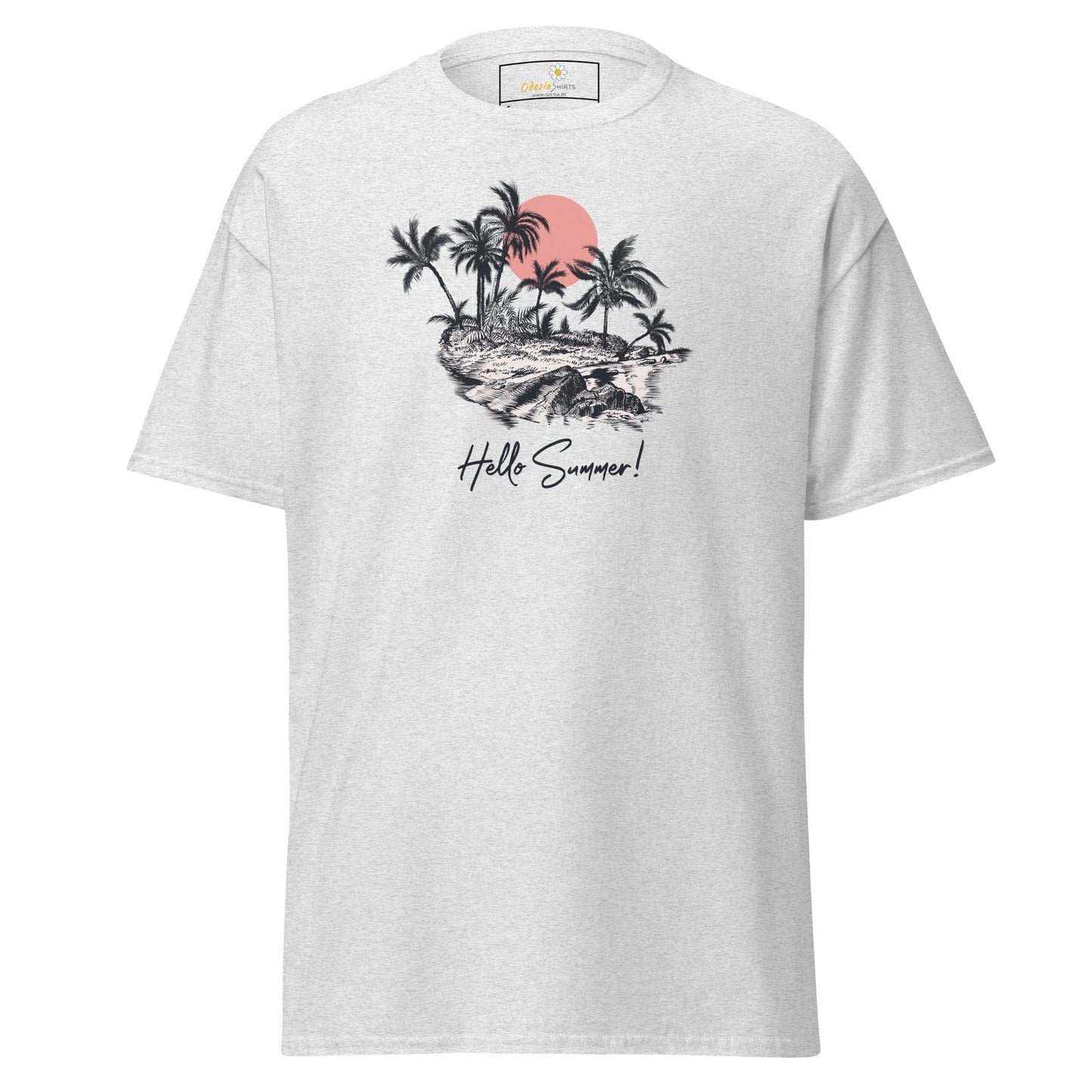 White T-shirt with tropical island graphic, suitable for men and women sizes S to XL