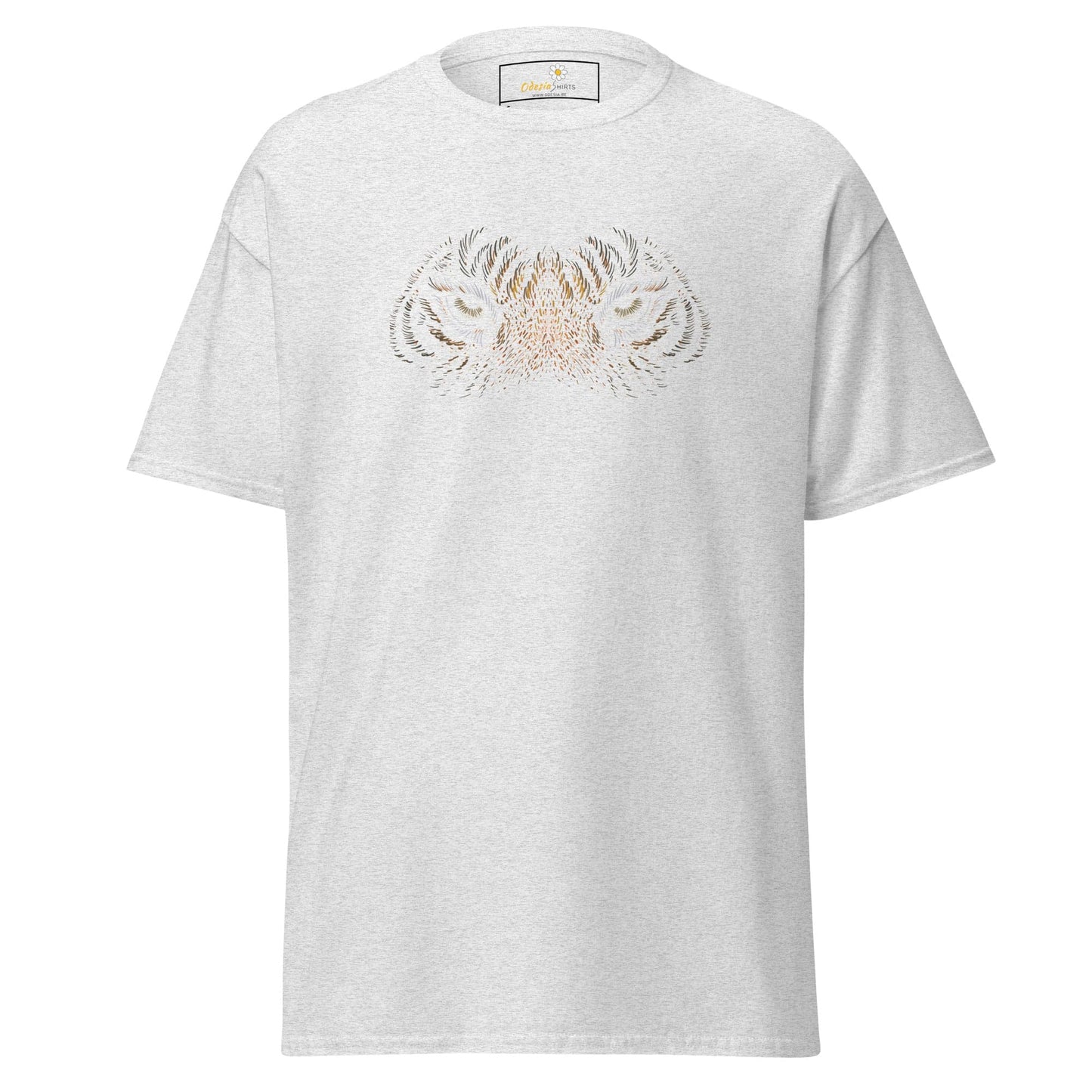 White T-shirt with symmetrical tiger graphic, suitable for men and women, sizes S to XL