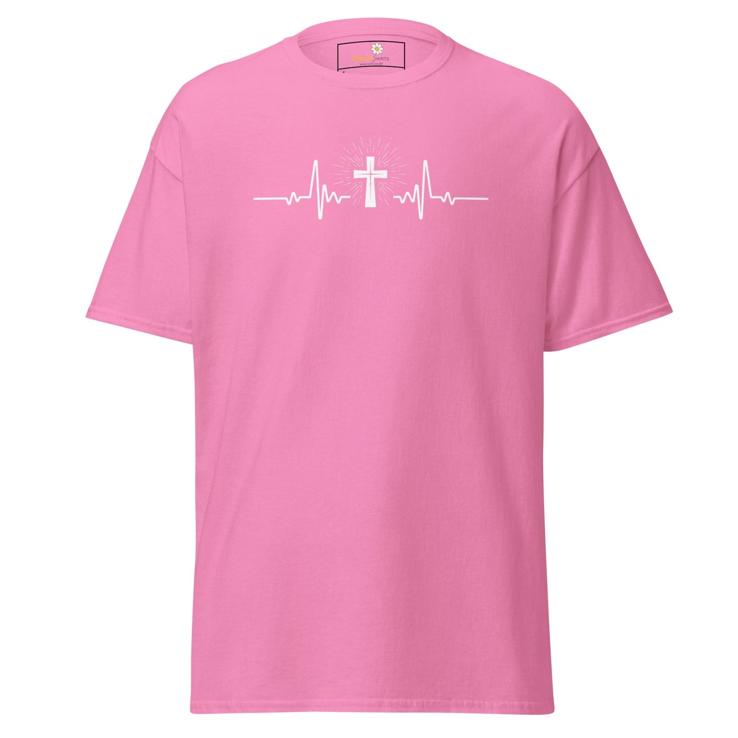 Pink T-shirt with cross heartbeat graphic for men and women, available in sizes S to XL