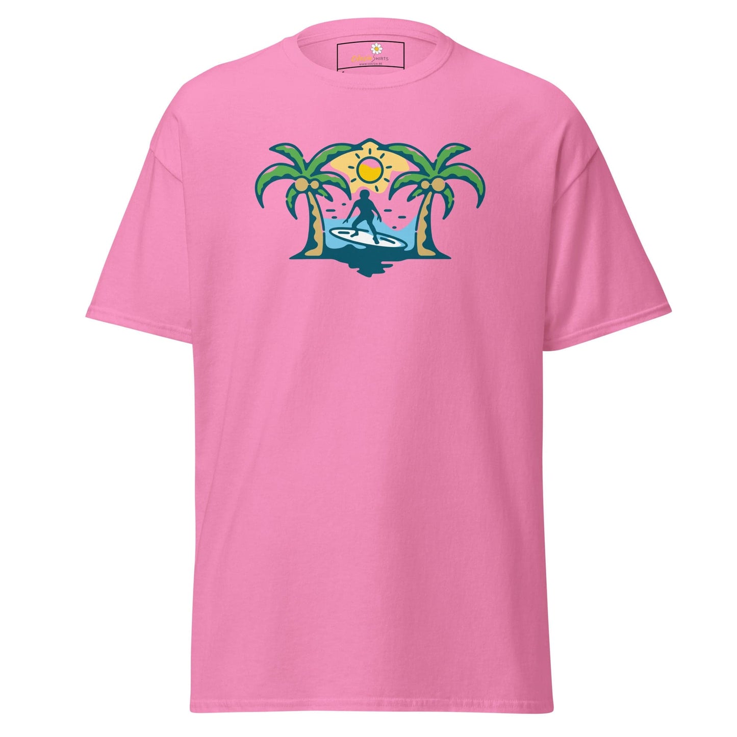 Pink T-shirt with tropical surfer graphic for Men and Women in sizes S to XL