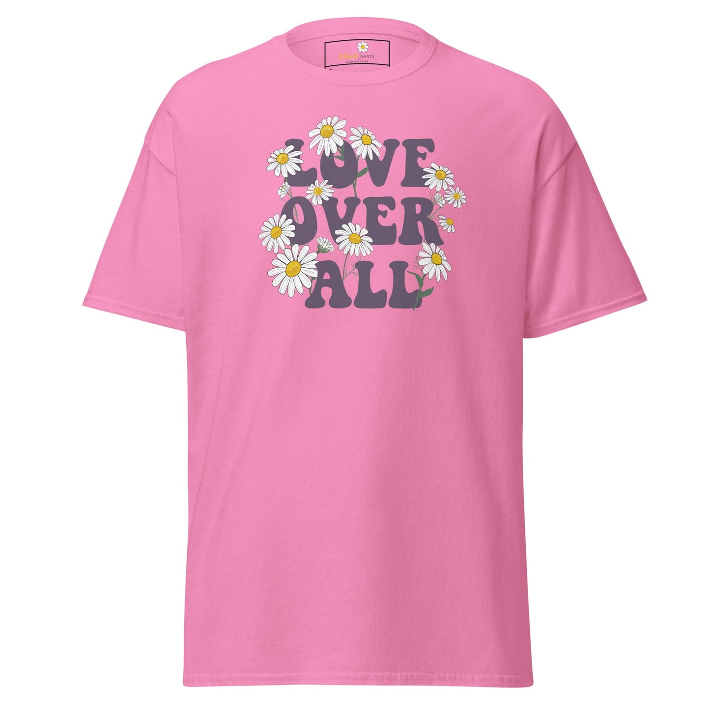 Pink T-shirt with floral Love Over All graphic from T-SHIRT DESIGN TEE for Men and Women