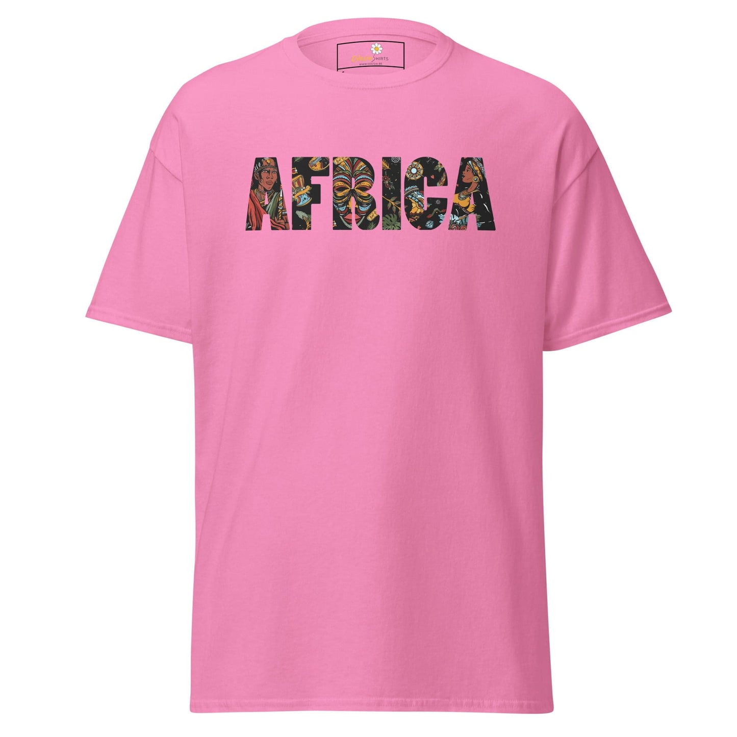 Pink T-shirt with AFRICA graphic showcasing stylish design for men and women in S to XL