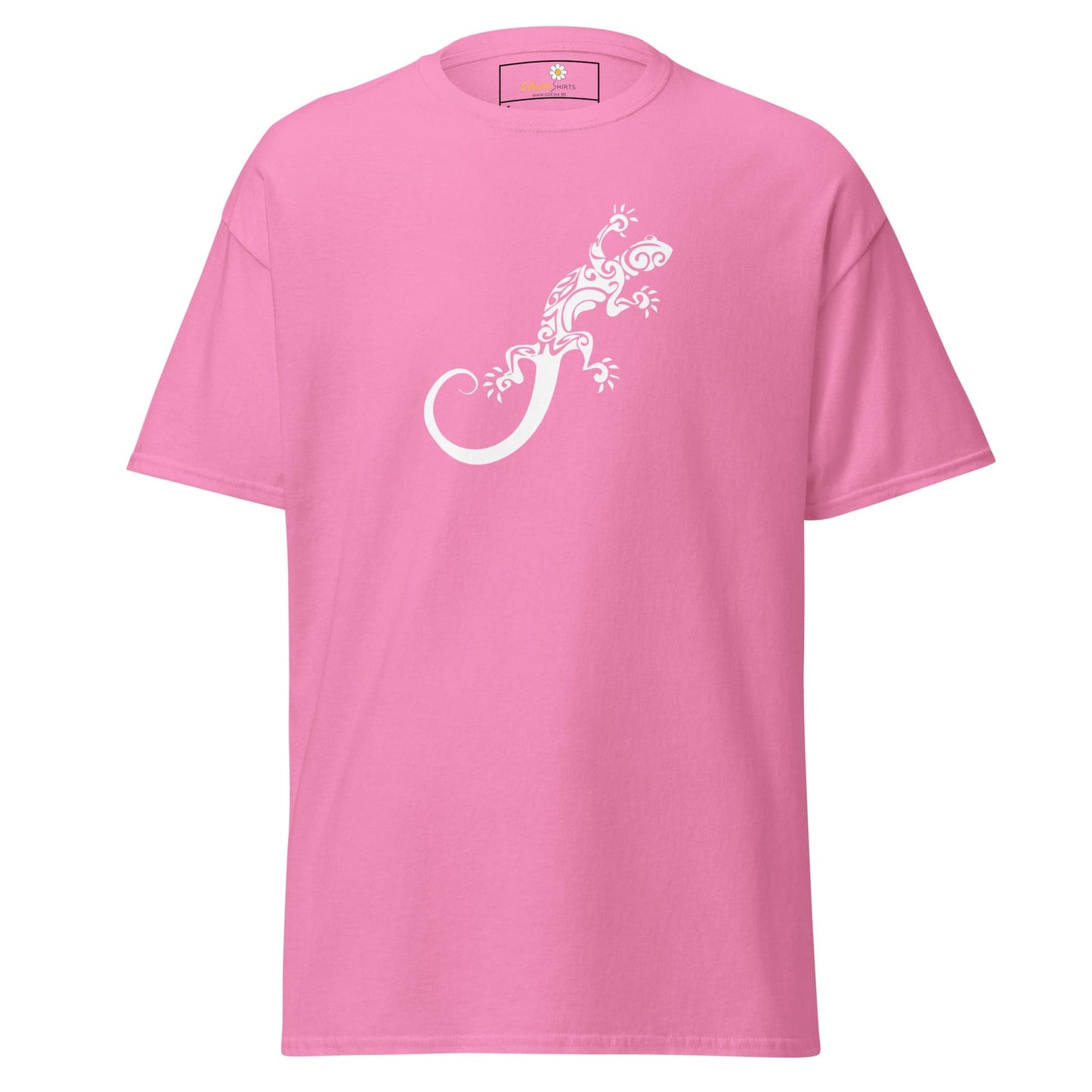 Pink T-shirt with white lizard design from T-SHIRT DESIGN TEE for men and women in sizes S to XL