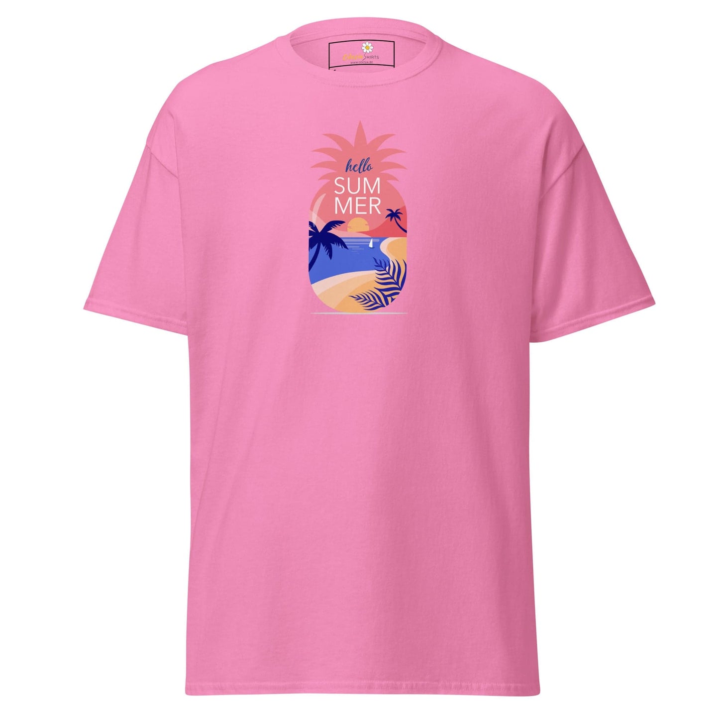 Pink T-shirt with pineapple beach design for men and women, available in sizes S to XL