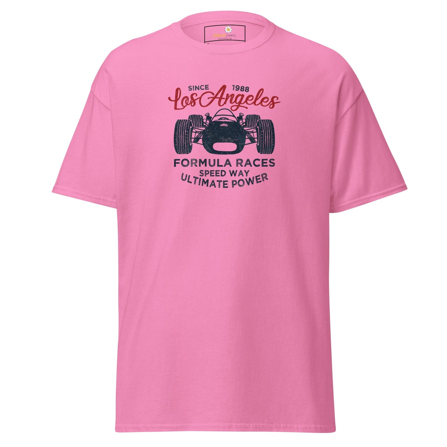 Pink T-shirt with race car graphic for men and women in sizes S to XL