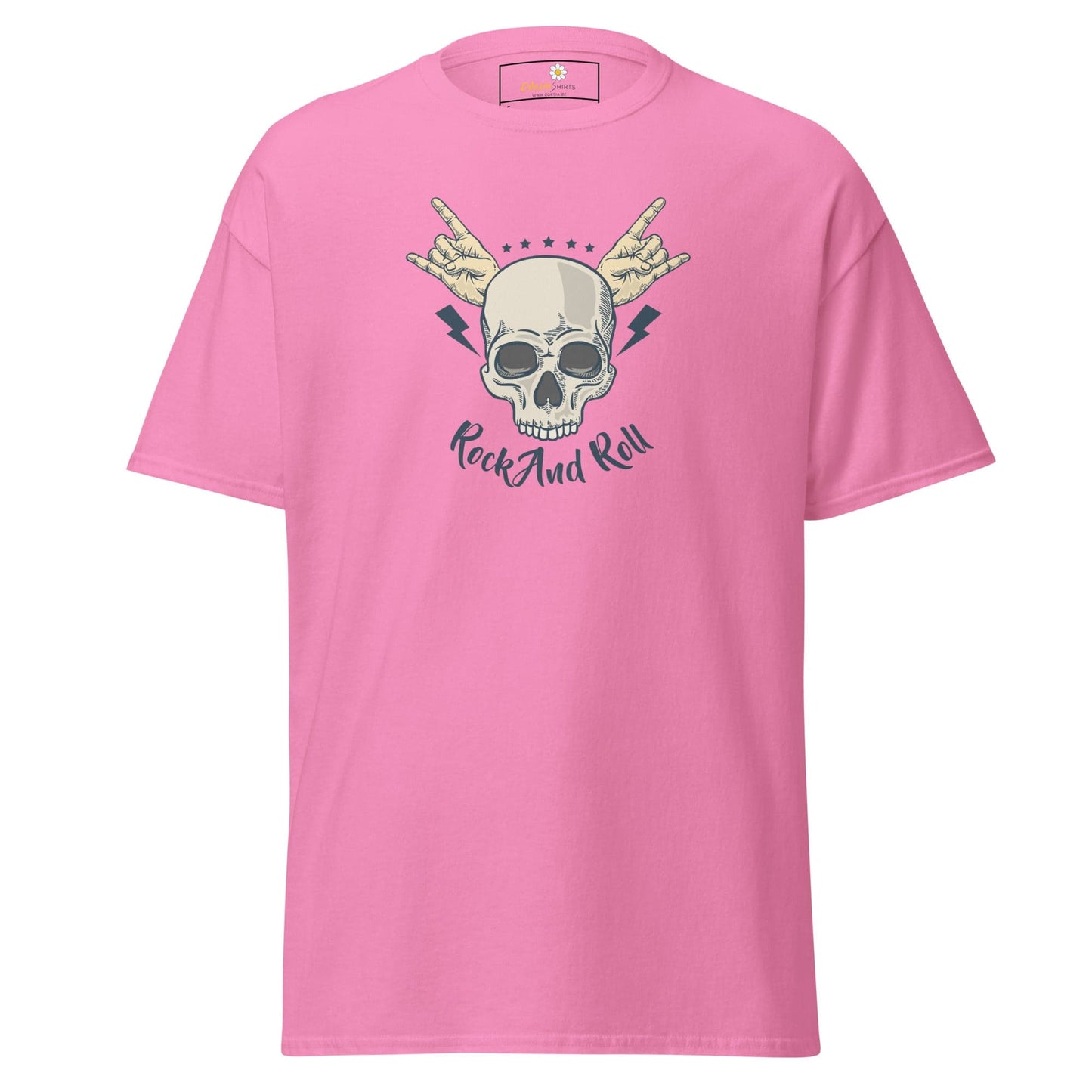 Pink T-shirt with skull graphic designed for men and women in S to XL sizes