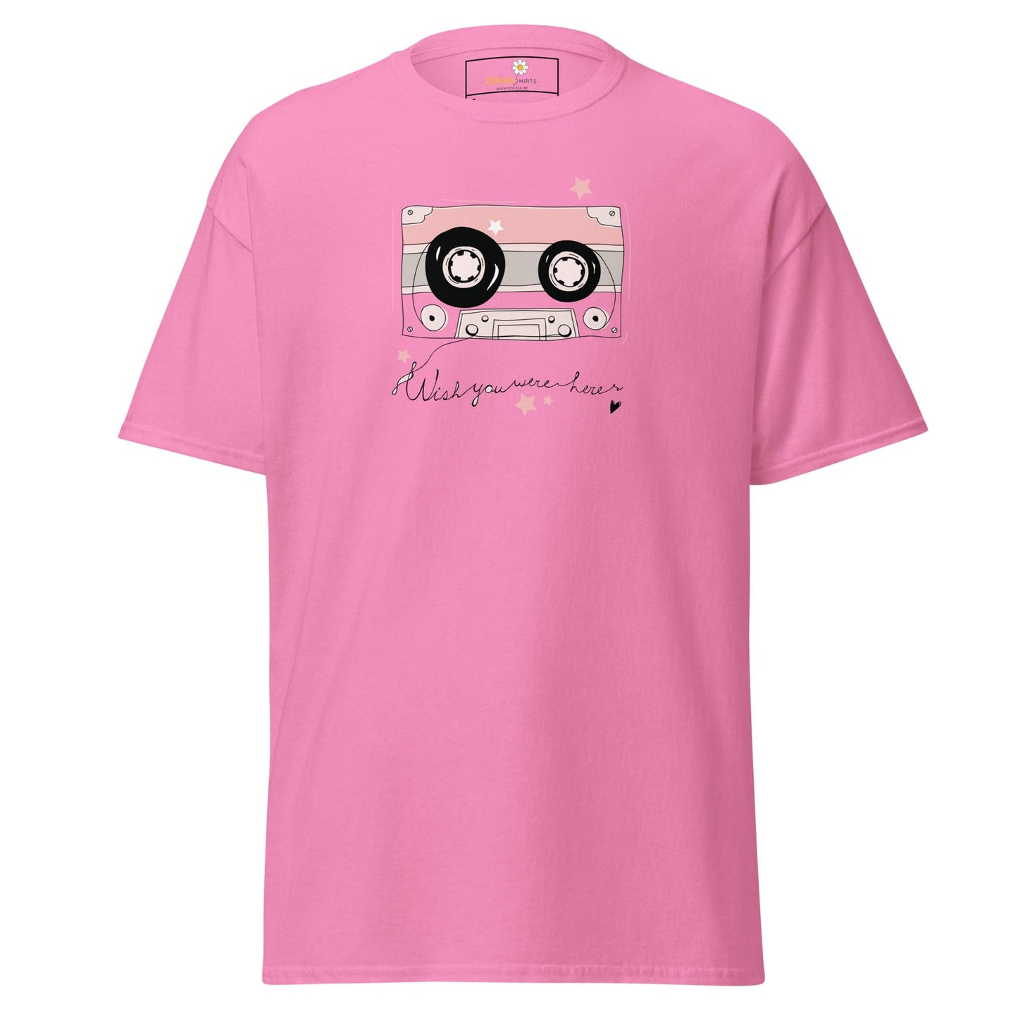 Pink T-shirt with cassette tape graphic ideal for Men and Women sizes S to XL