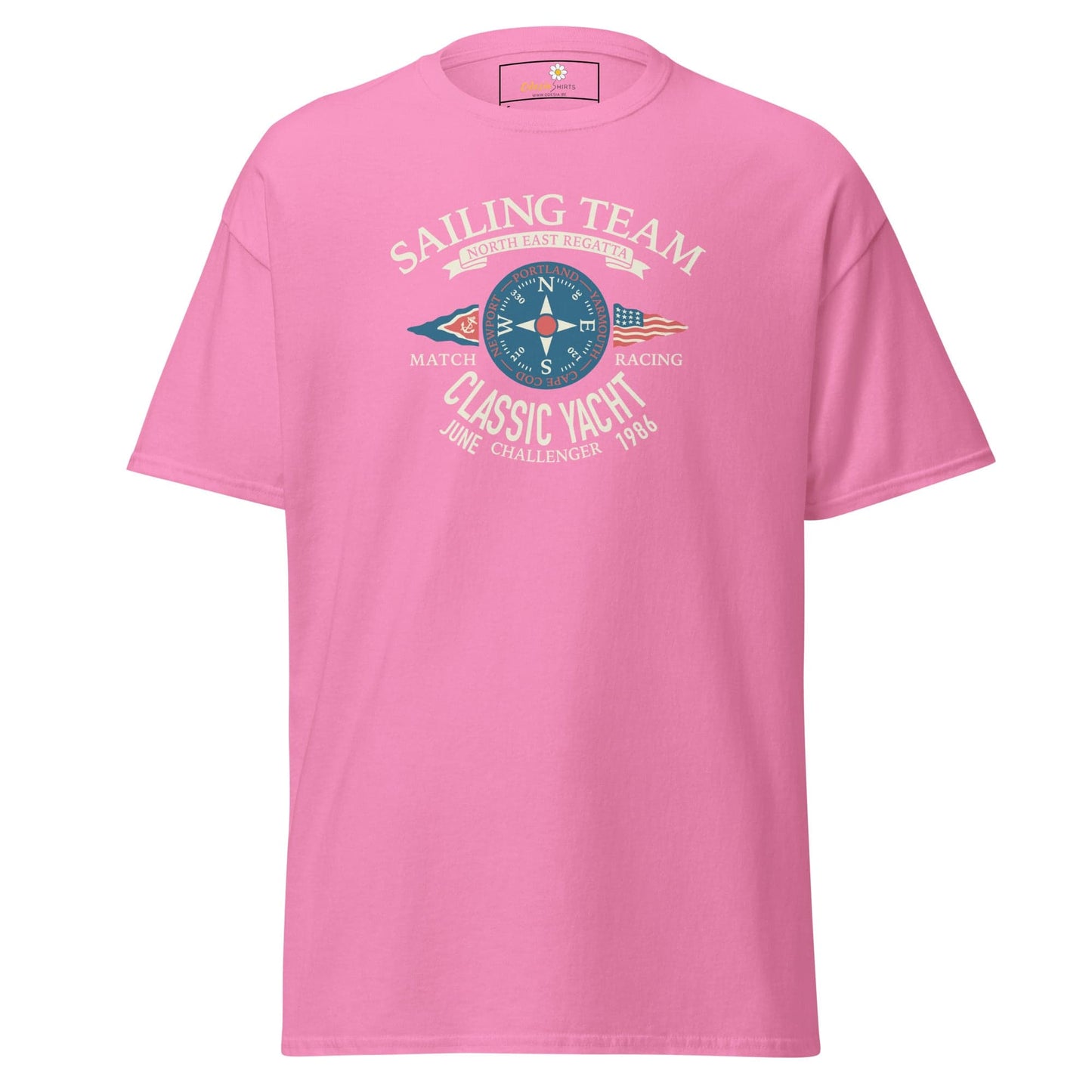 Pink T-shirt with sailing graphic for men and women in sizes S to XL