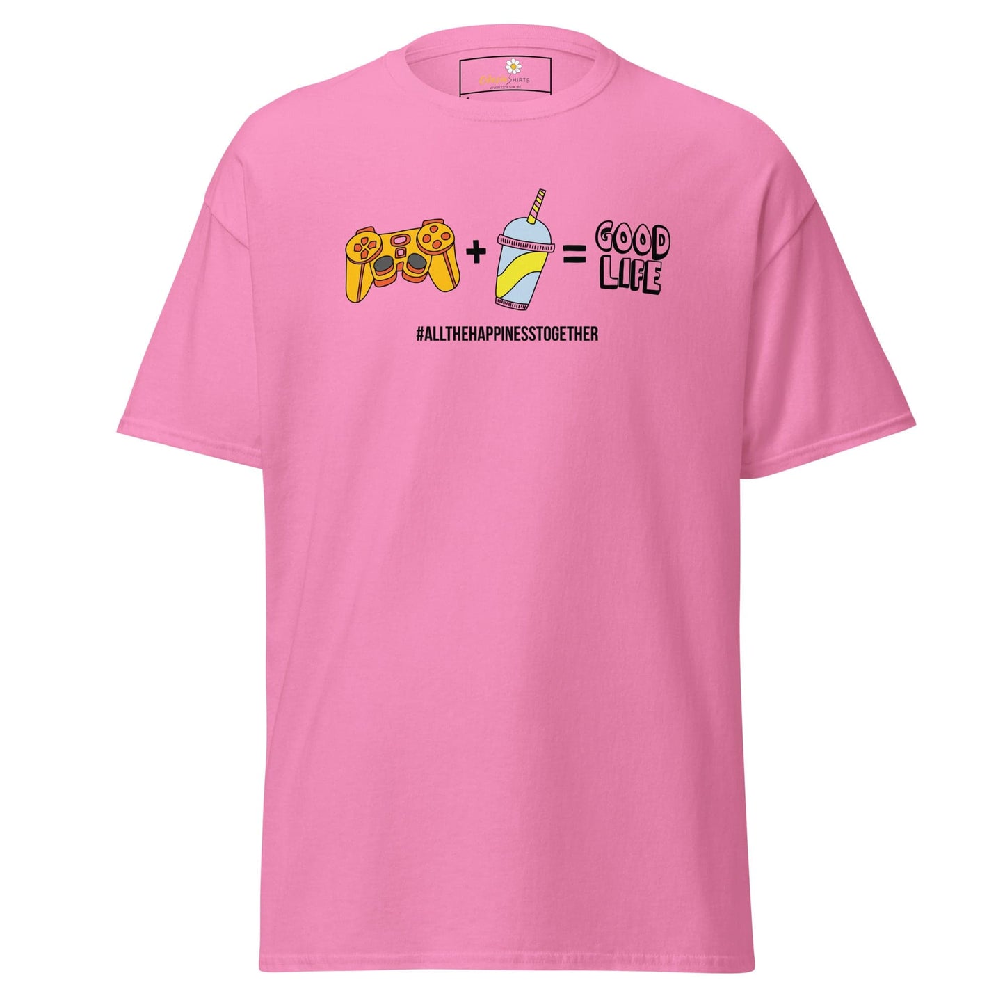 Pink T-shirt featuring gaming and drink graphics, available in S to XL sizes