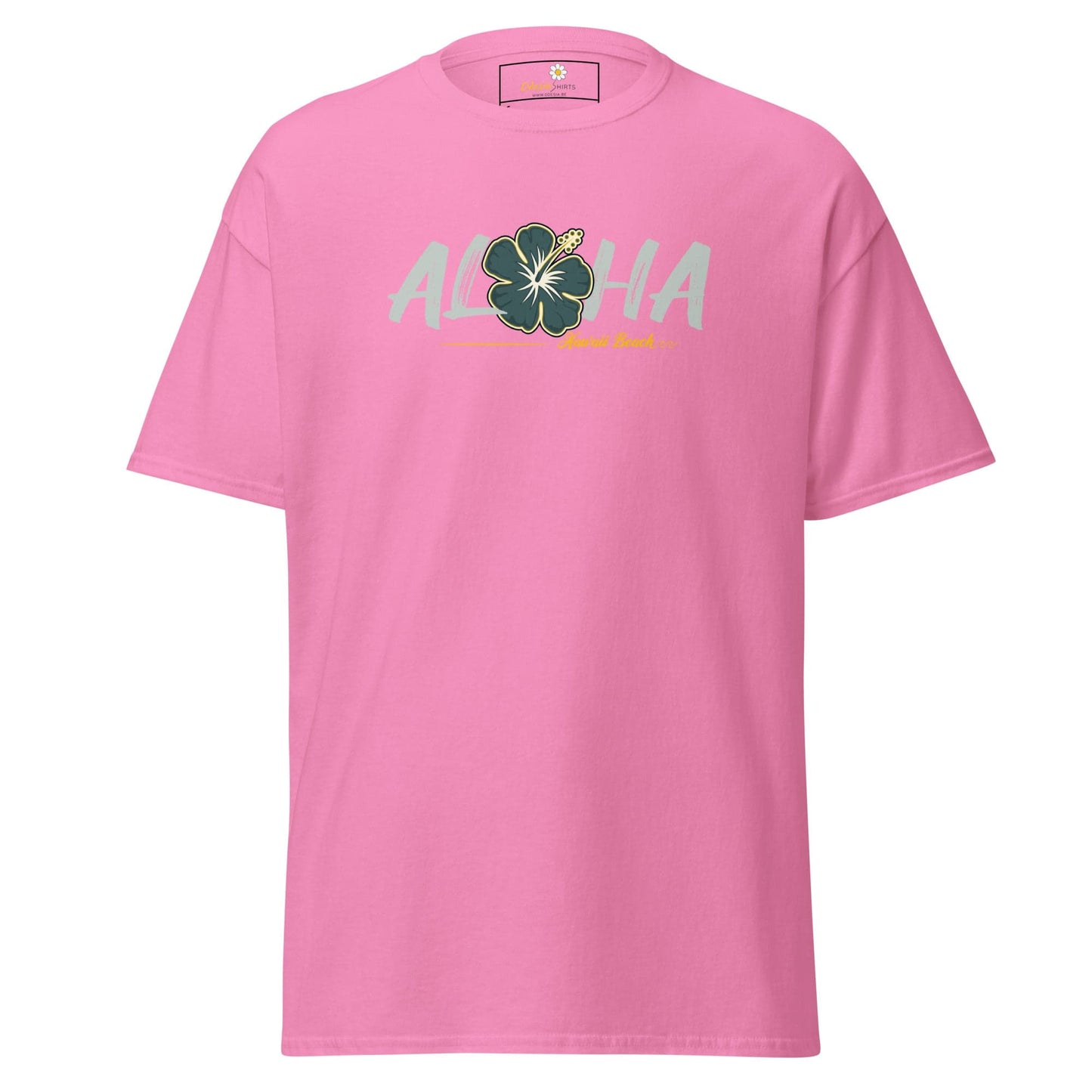 Pink T-shirt featuring a floral design, suitable for men and women sizes S to XL