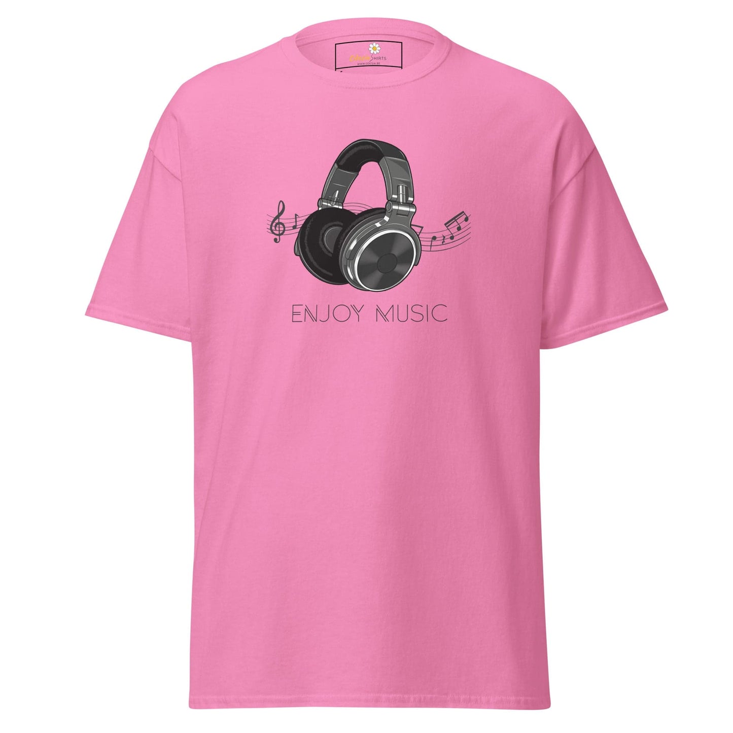 Pink T-shirt with headphone graphic for men and women, available in sizes S to XL
