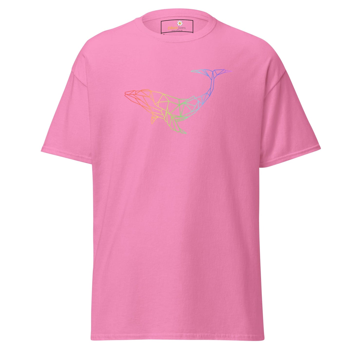 Pink T-shirt with colorful whale design for Men and Women in sizes S to XL