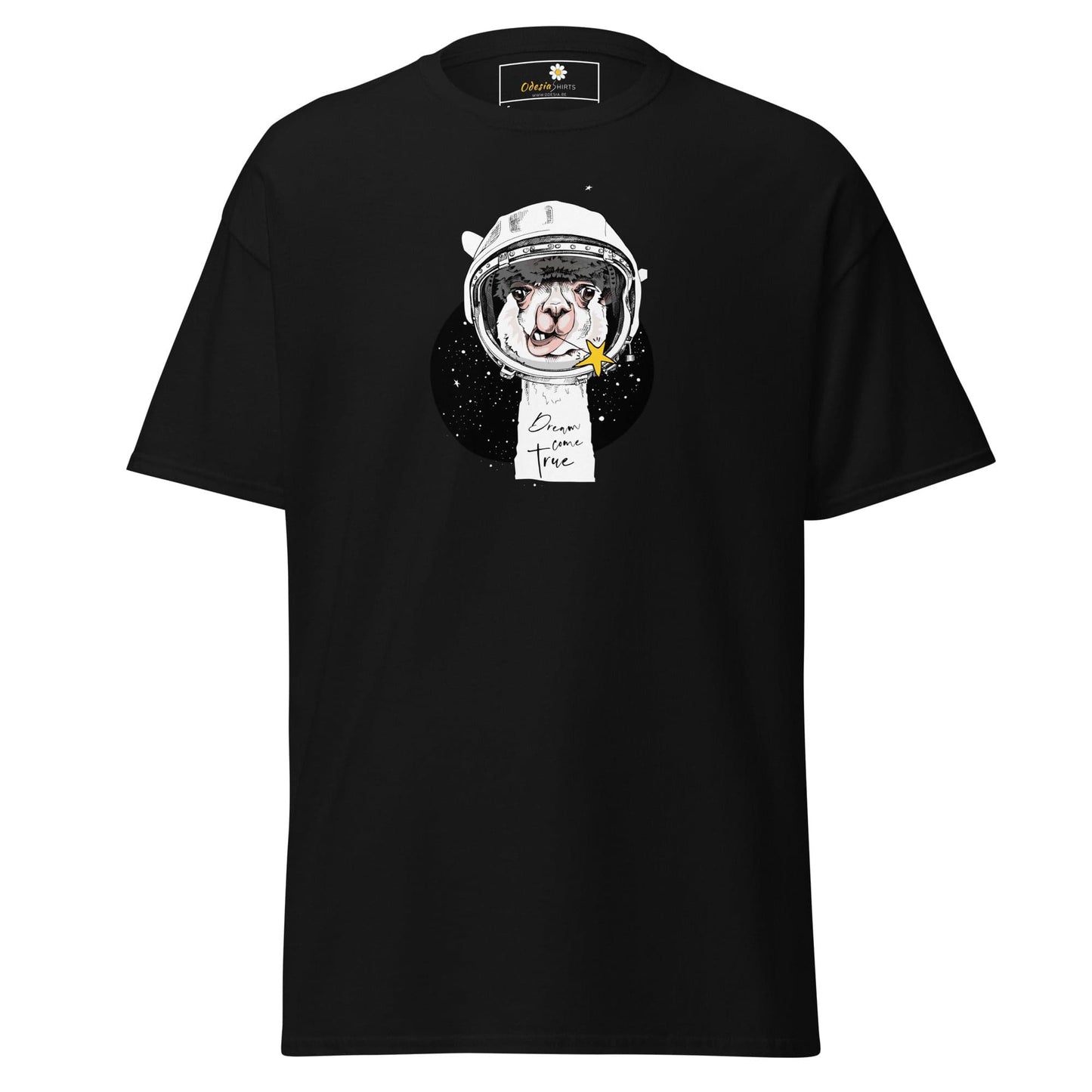 Black T-shirt with astronaut llama graphic for men and women available in sizes S to XL