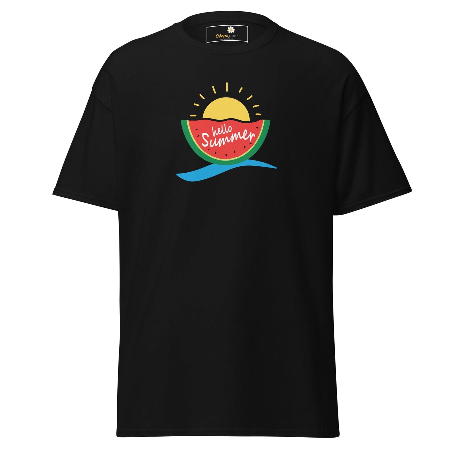 Black T-shirt with summer-themed graphic for Men and Women in sizes S to XL