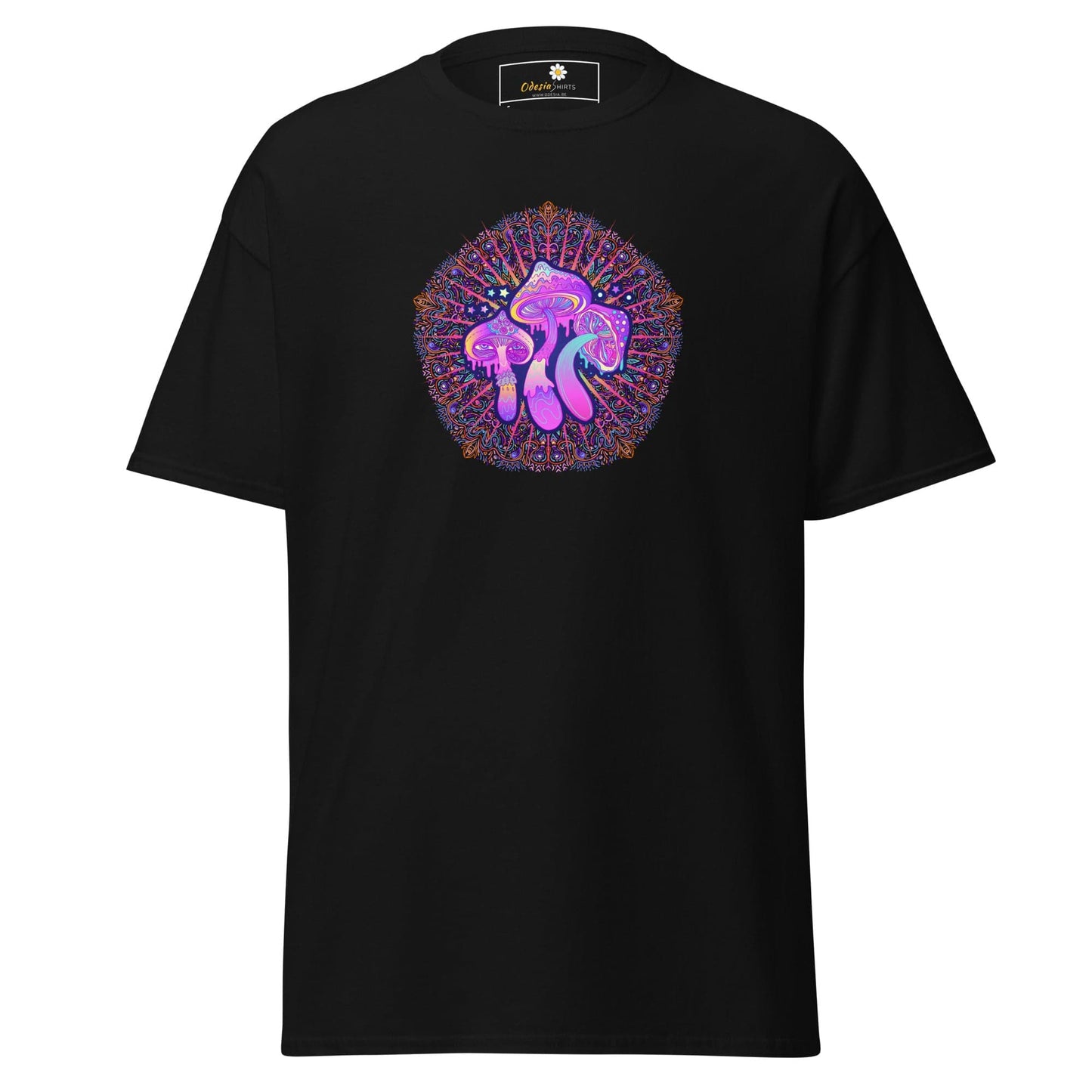 Black T-Shirt with Mushroom Mandala Design for Men and Women in Sizes S to XL
