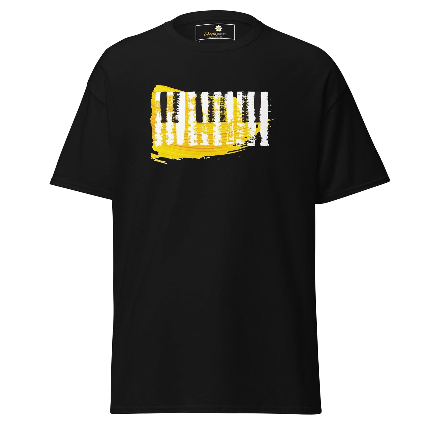 Black T-shirt with piano key design, suitable for men and women in sizes S to XL