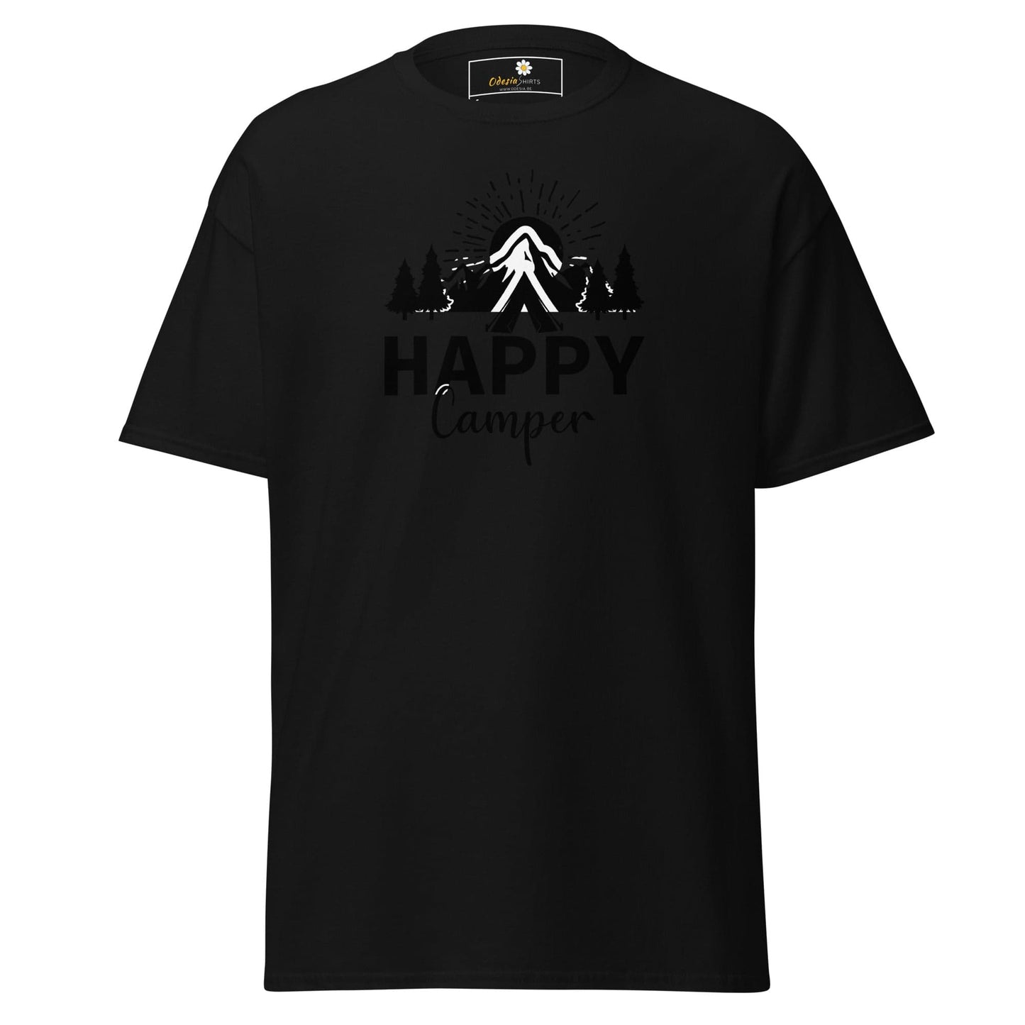 Black T-shirt with camping graphic for Men and Women available in sizes S to XL