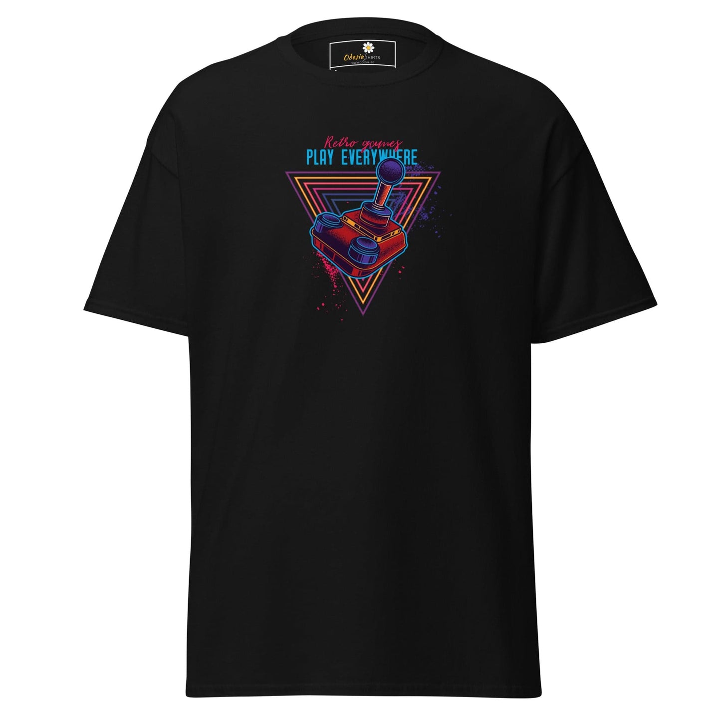 Black T-shirt with retro gaming design for men and women in sizes S to XL