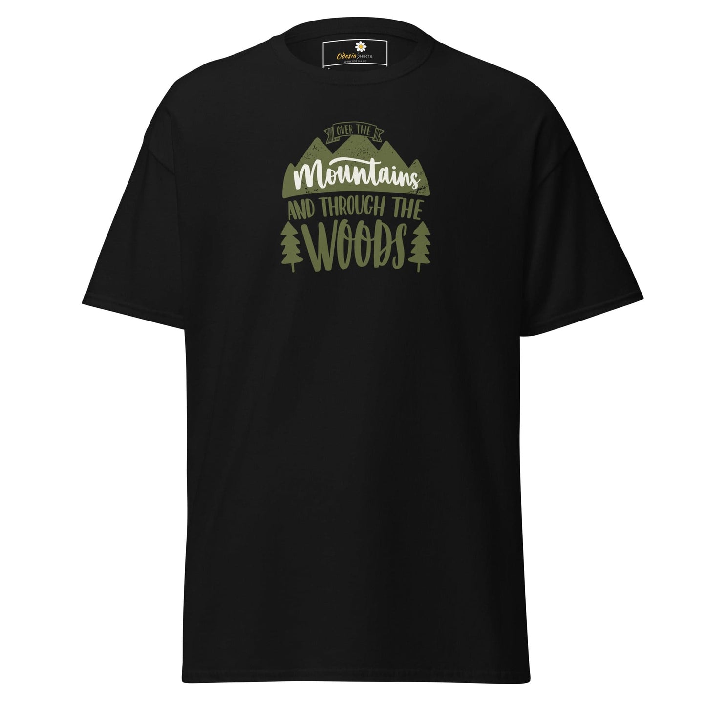 Black T-shirt with mountain and woods graphic for men and women in sizes S to XL