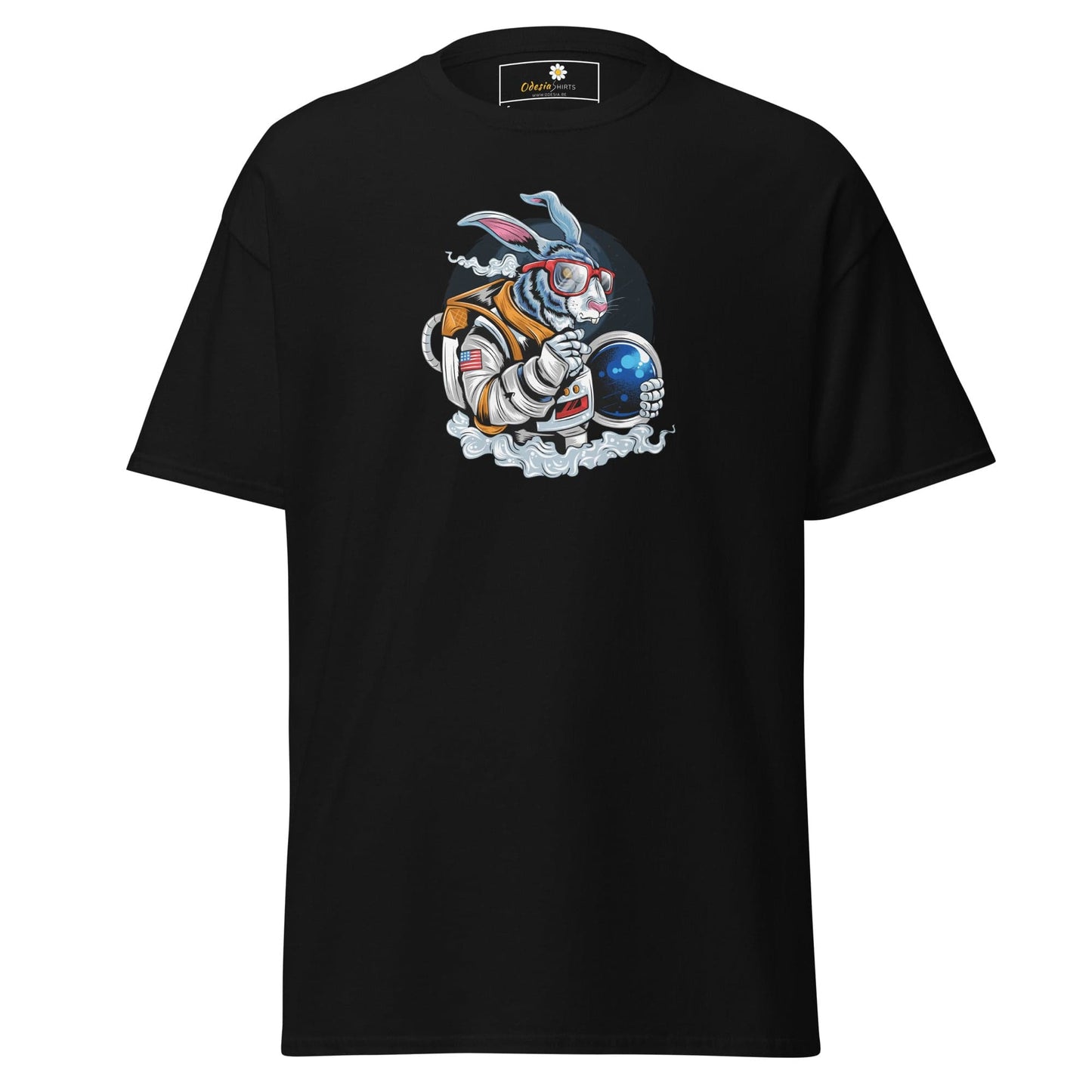 Black T-shirt with astronaut rabbit graphic from T-SHIRT DESIGN TEE for men and women
