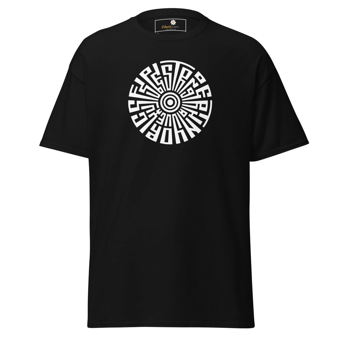 Black T-shirt with circular white design from T-SHIRT DESIGN TEE for men and women