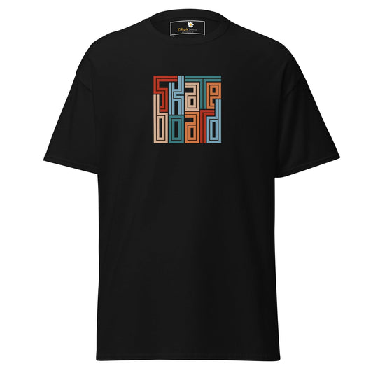 Black T-shirt with colorful Skateboard graphic, unisex design for S to XL sizes