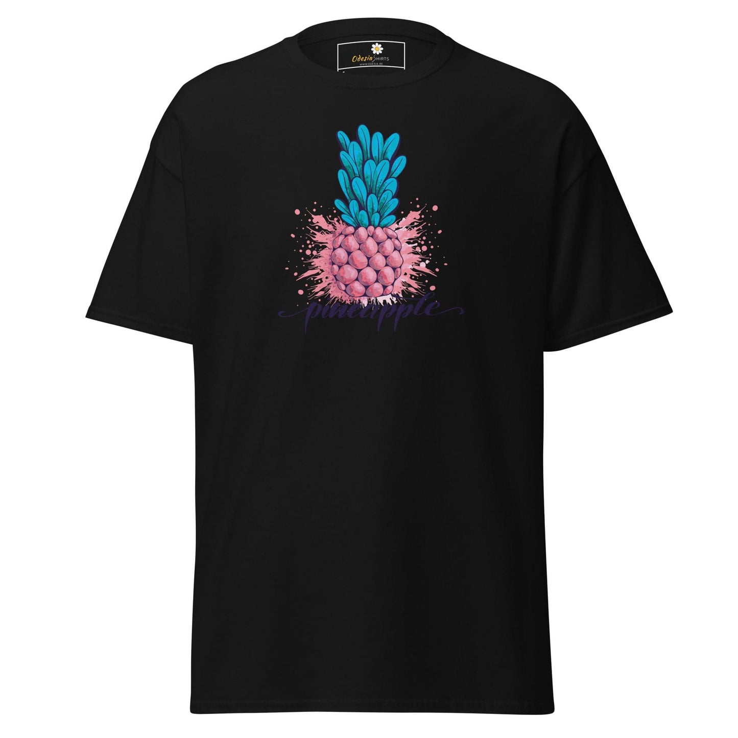 Black T-shirt with pink and blue pineapple design, suitable for men and women in sizes S to XL