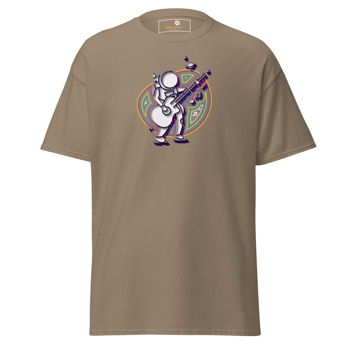 Khaki T-shirt with astronaut playing guitar graphic for Men and Women S to XL