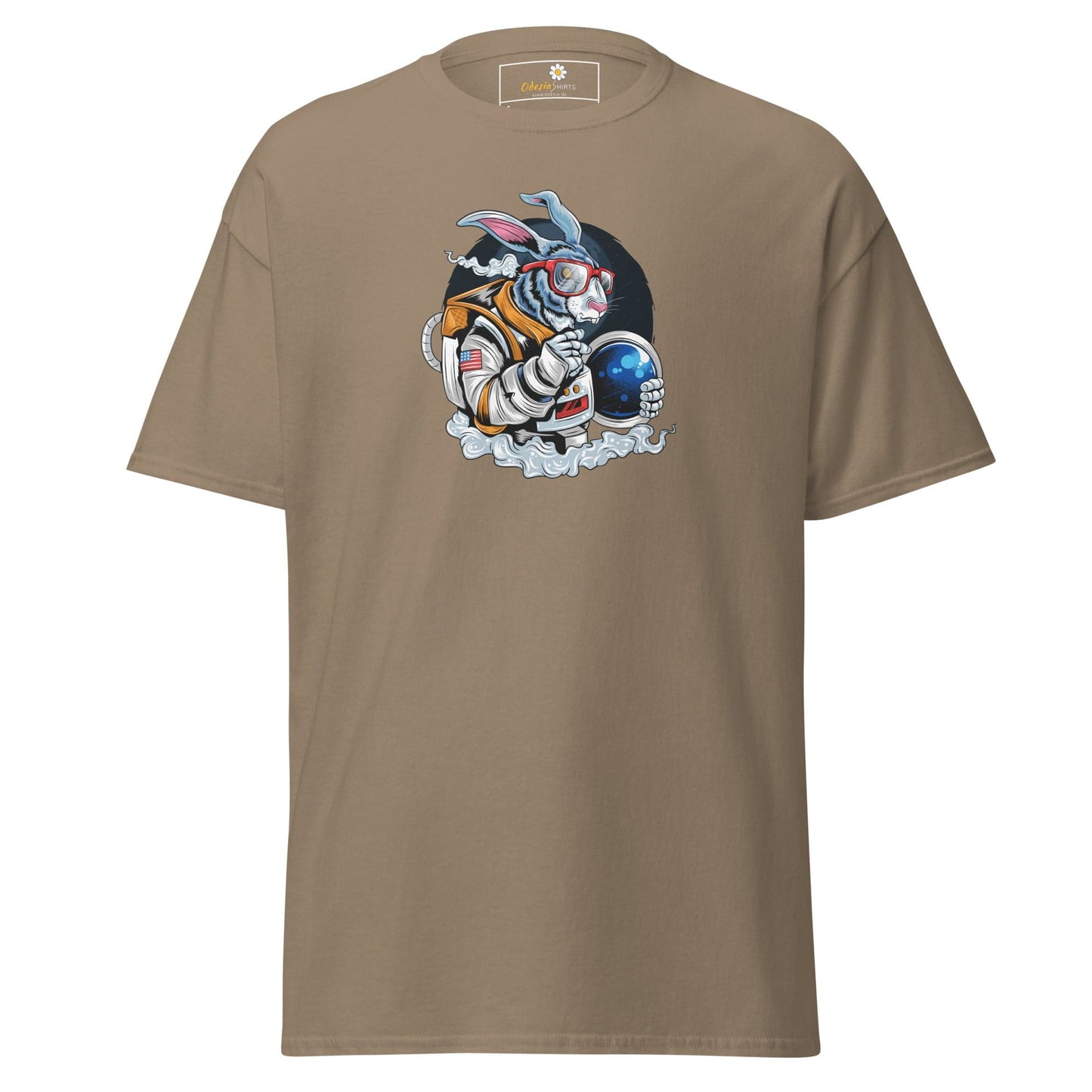 Khaki T-shirt with astronaut rabbit graphic, designed for men and women sizes S to XL