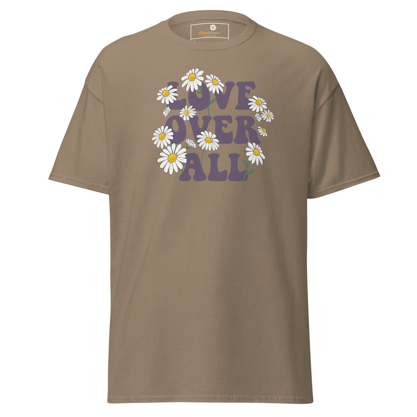 Khaki T-shirt with floral Love Over All design for men and women in sizes S to XL