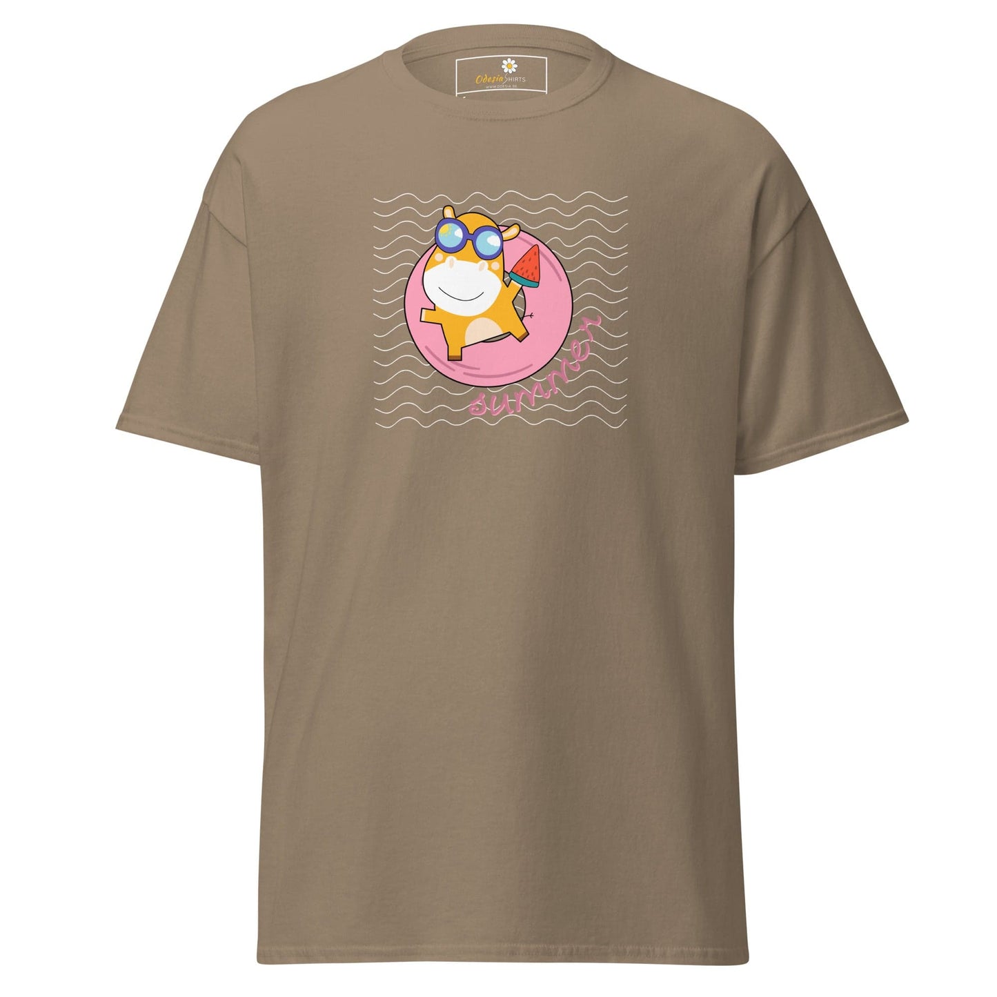 Brown T-shirt with cartoon graphic, designed for men and women, available in sizes S to XL