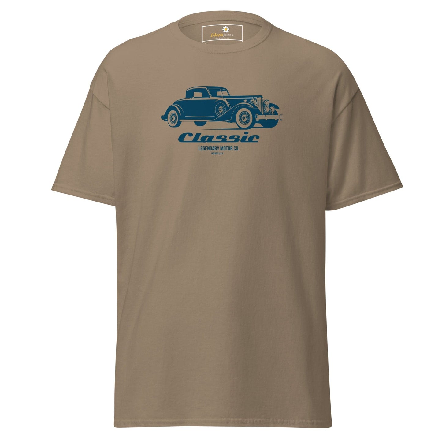 Khaki T-shirt with blue car graphic for men and women available in size S to XL