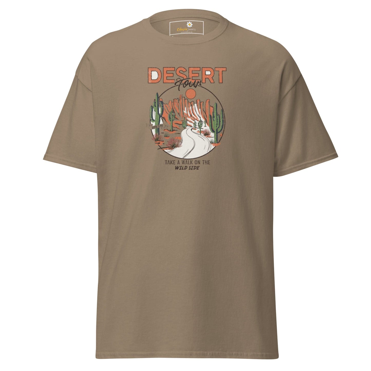 Khaki T-shirt with desert graphic for men and women in sizes S to XL
