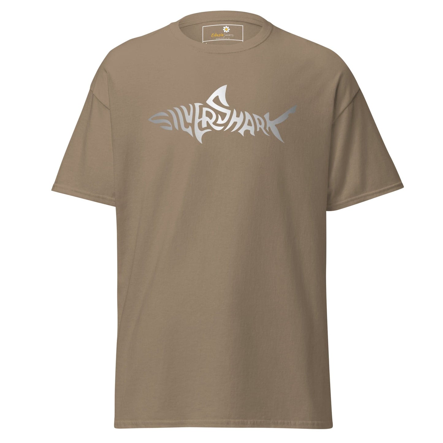 Khaki T-shirt with silver shark graphic for men and women, available in sizes S to XL