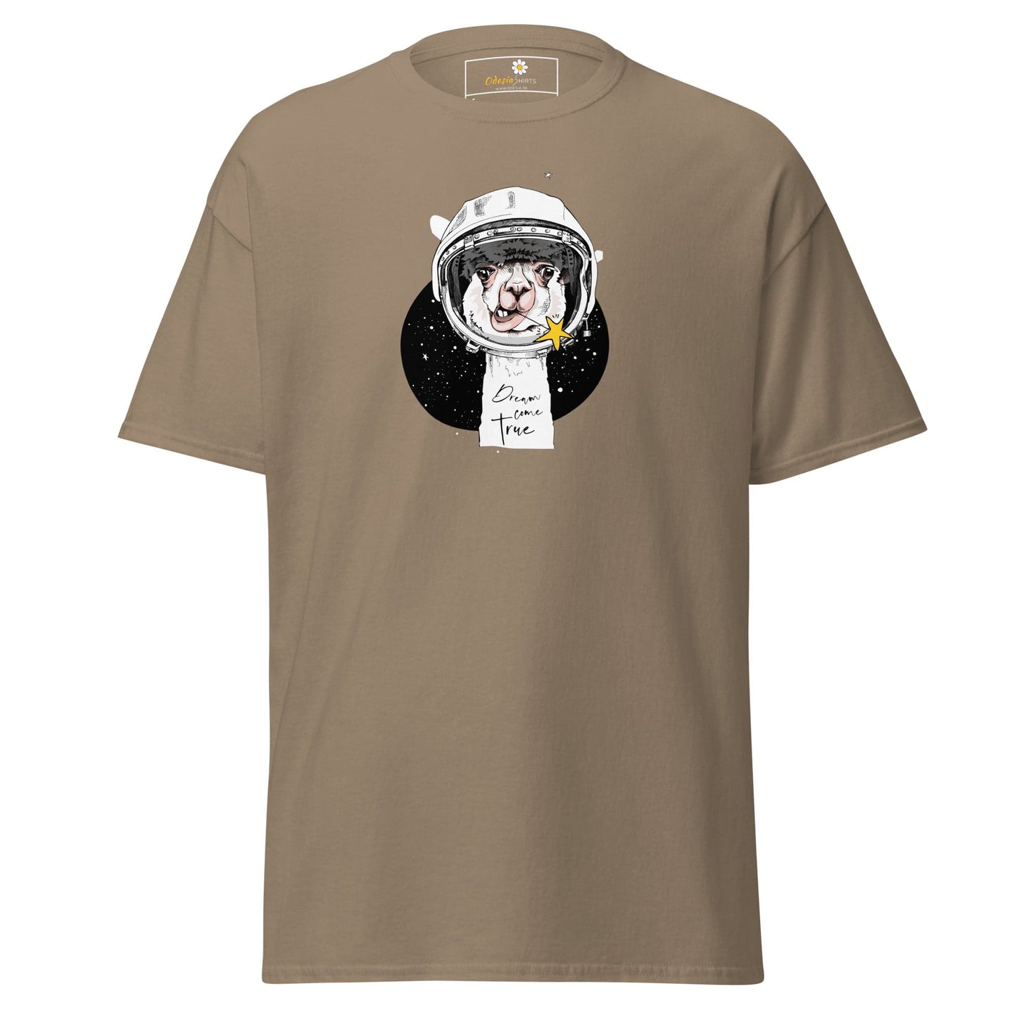 Khaki T-shirt featuring an astronaut llama graphic, available in men’s and women’s sizes S to XL