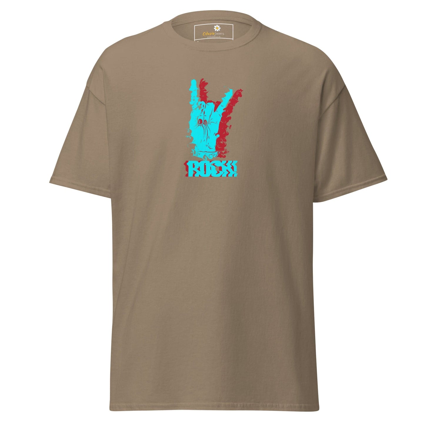 Khaki T-shirt with rock hand graphic for men and women in S to XL sizes