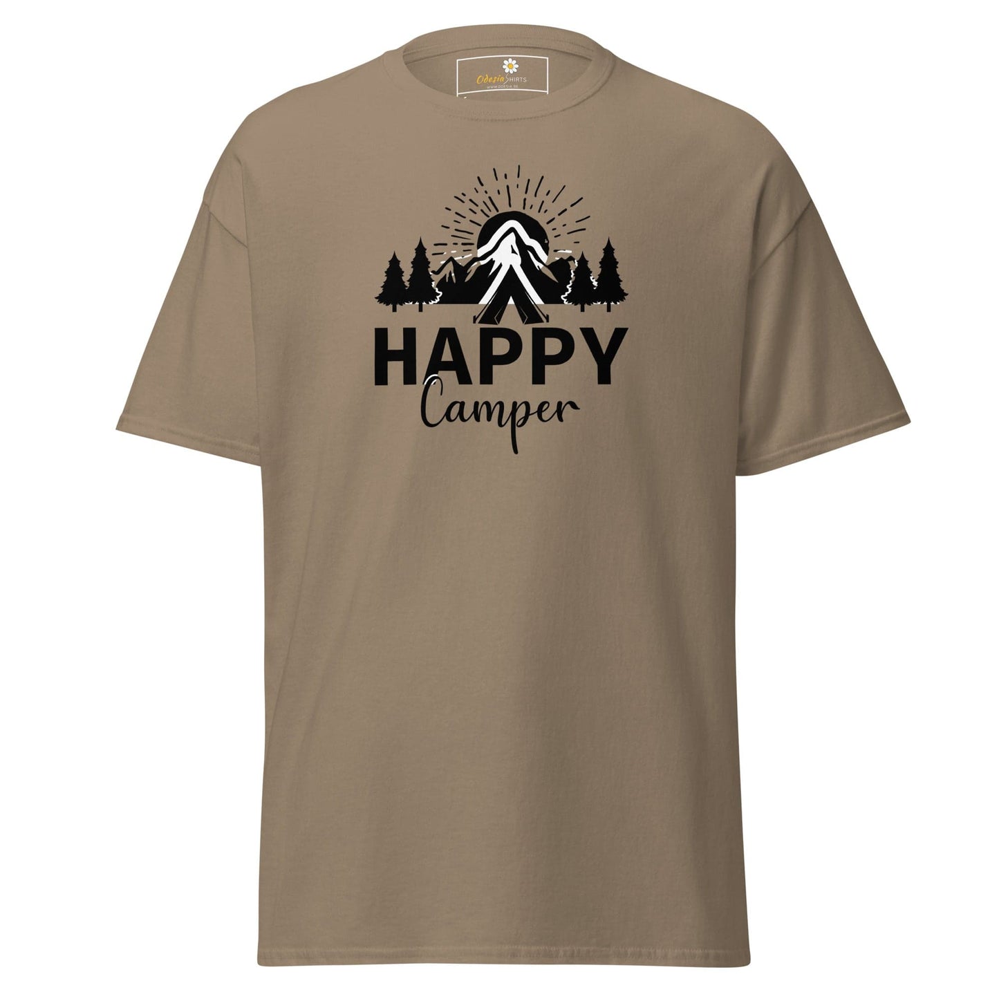 Khaki T-shirt with Happy Camper graphic for men and women in sizes S to XL