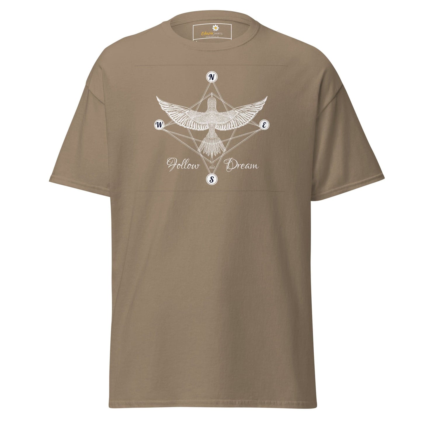 Khaki T-shirt with bird design displayed in T-SHIRT DESIGN TEE for Men and Women