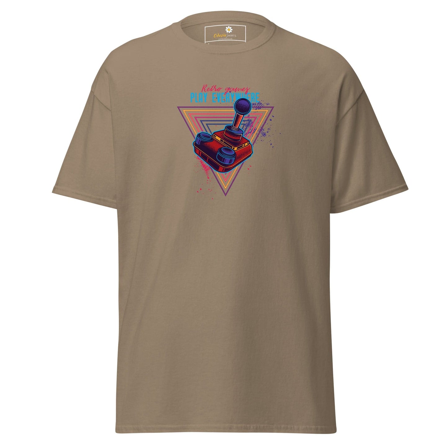 Khaki T-shirt with retro gaming design for men and women in sizes S to XL