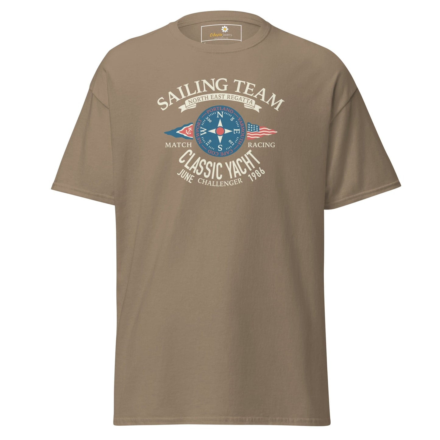 Khaki T-shirt with sailing team graphic for men and women, available in sizes S to XL