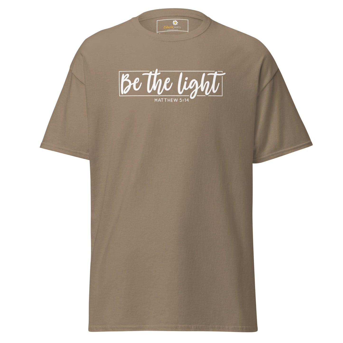 Khaki T-shirt with Be the Light graphic for men and women available in sizes S to XL