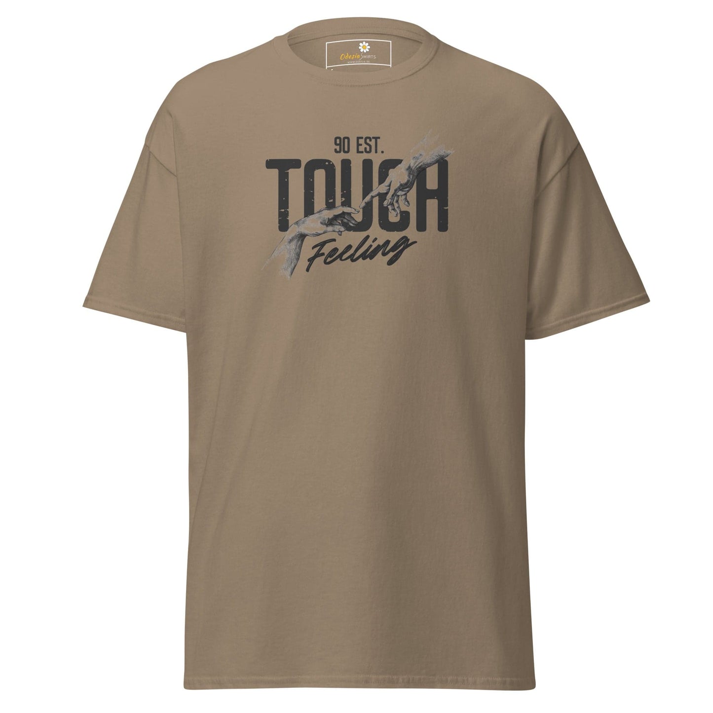 Khaki T-shirt with graphic design for Men and Women available in sizes S to XL