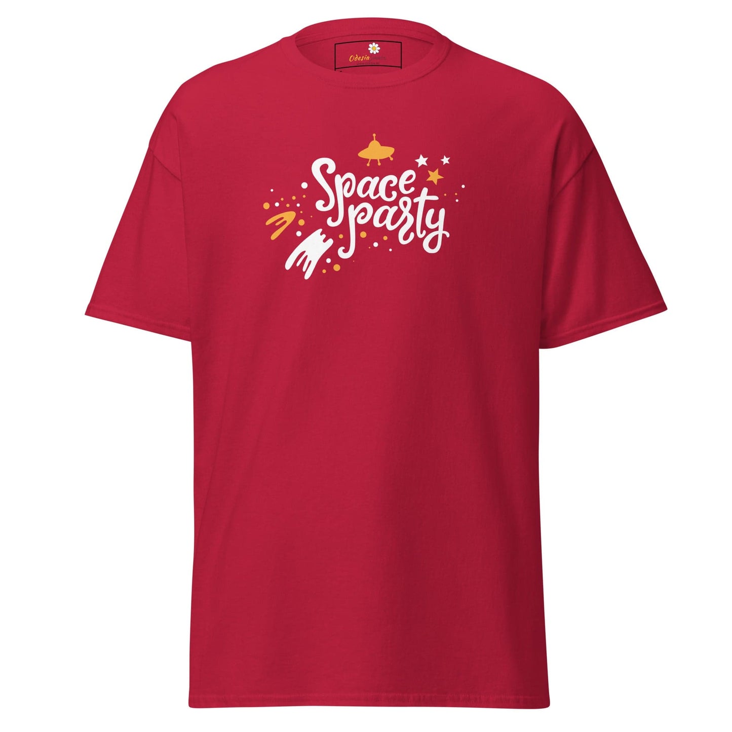 Red space-themed graphic t-shirt for men and women available in sizes S to XL