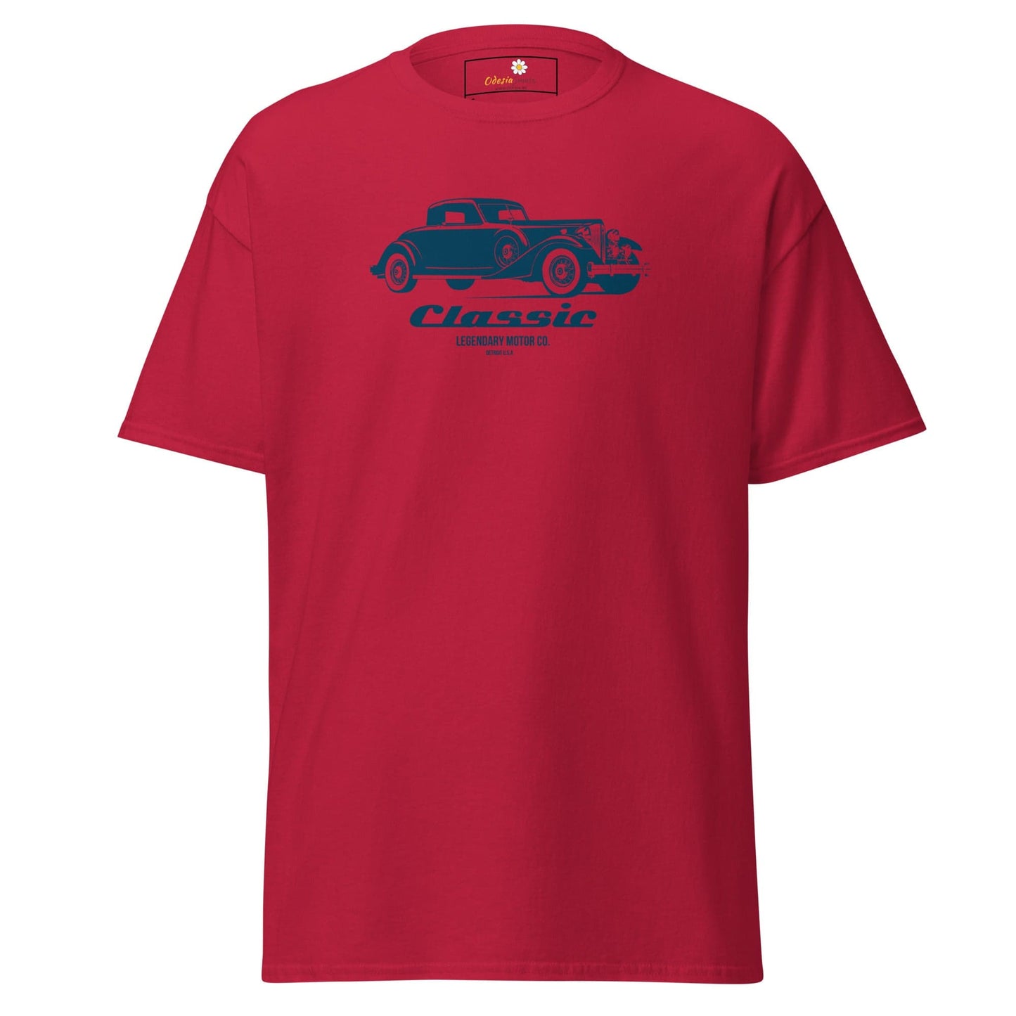Red T-shirt featuring a classic car graphic, available in men’s and women’s sizes S to XL