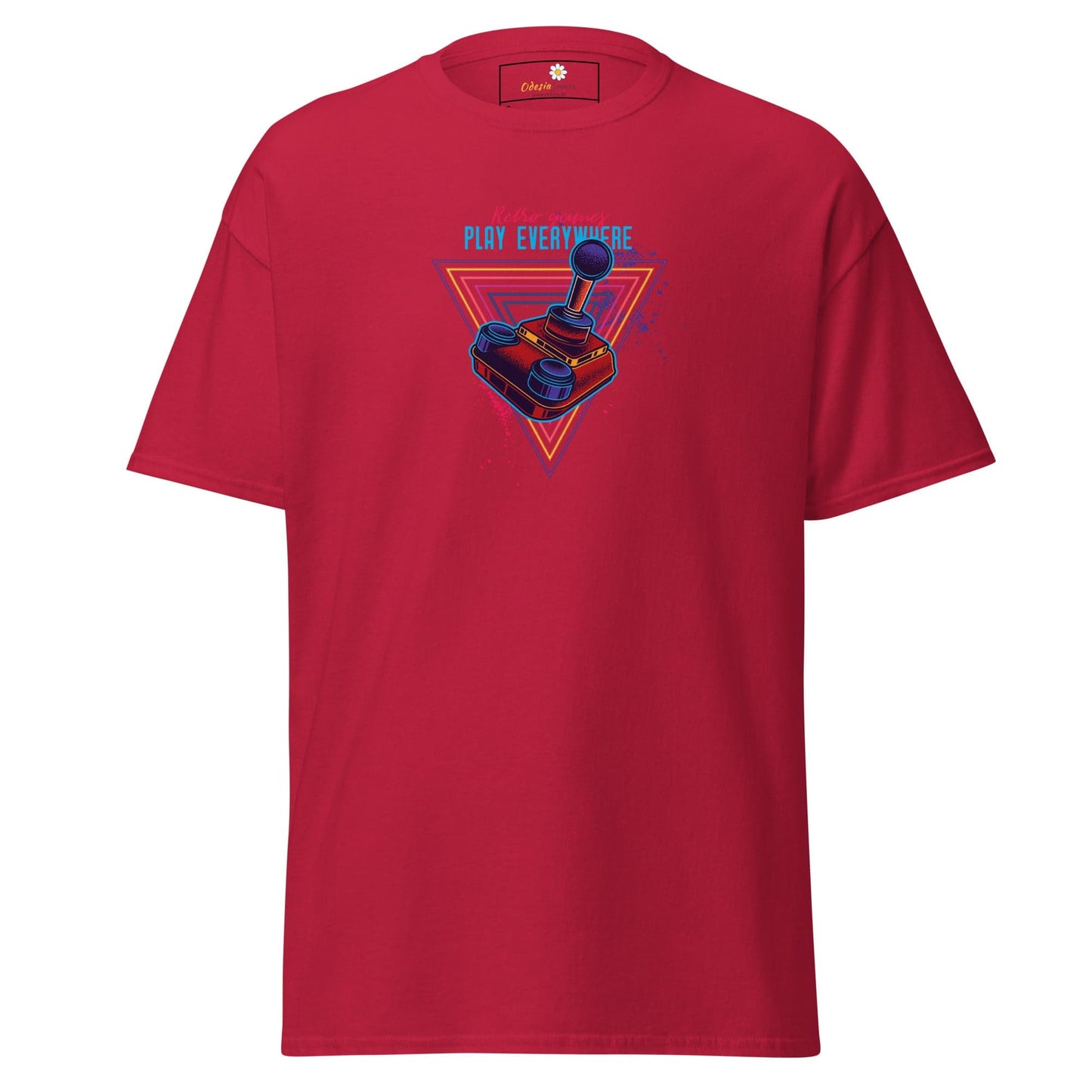 Red T-shirt with a gaming controller design suitable for men and women in sizes S to XL