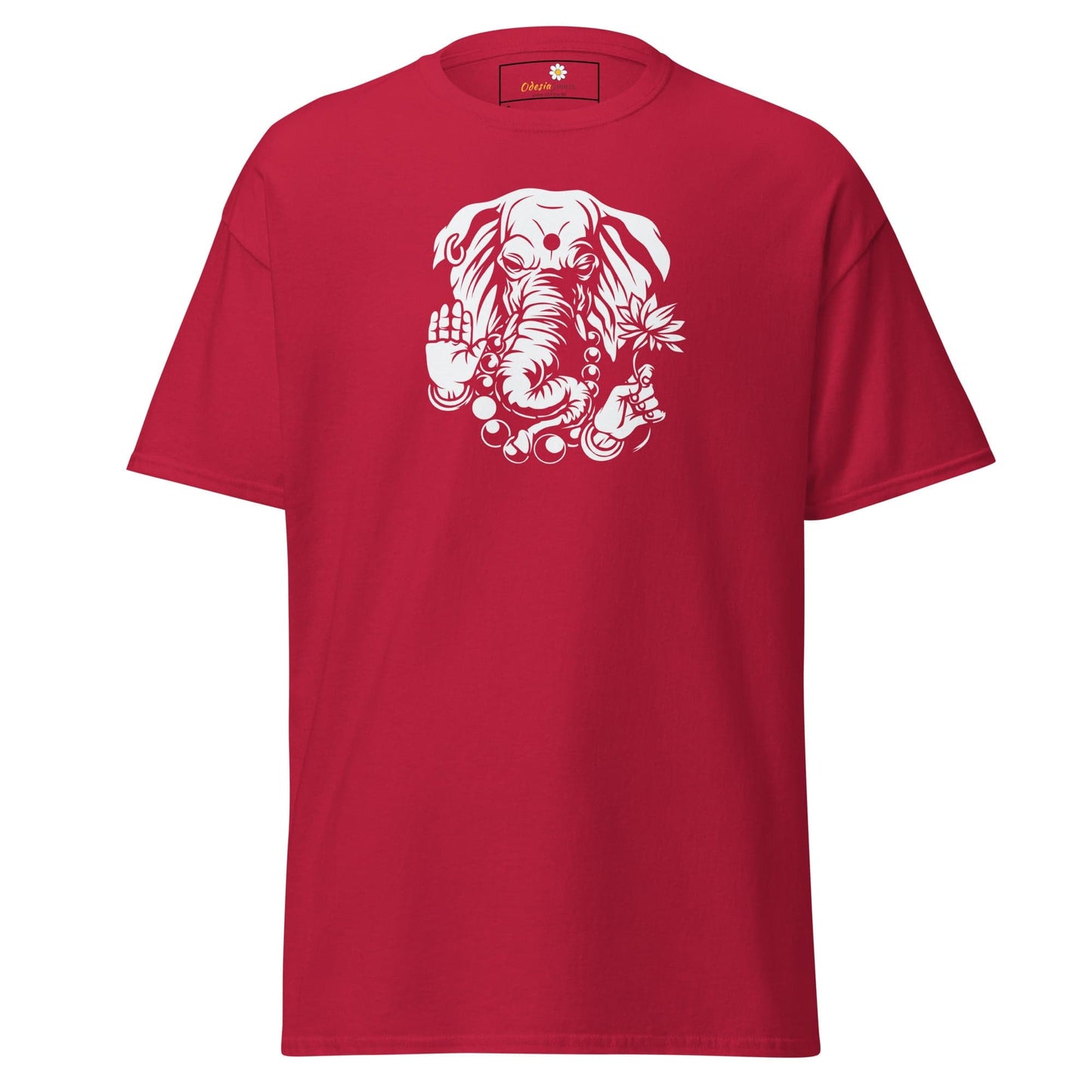 Red T-shirt with white Ganesha graphic, suitable for men and women, available in sizes S to XL