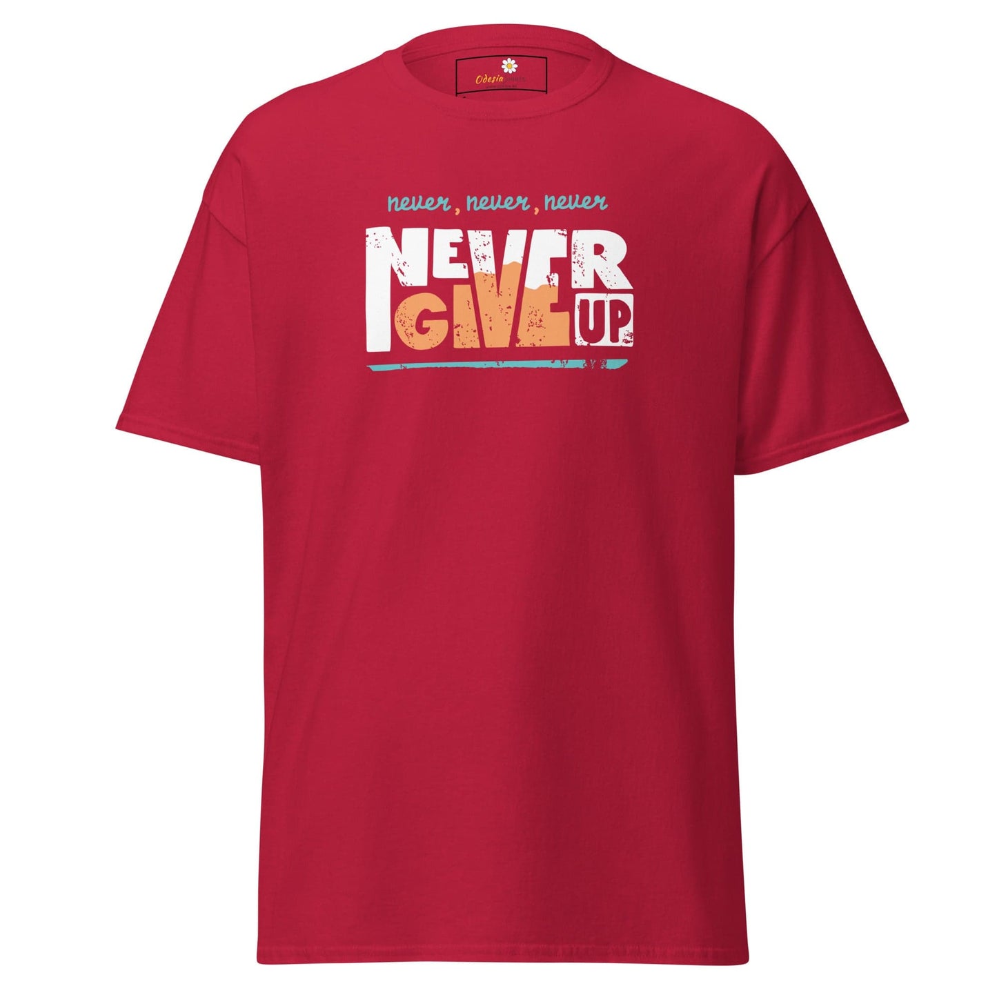 Red T-shirt with Never Give Up graphic for Men and Women in Sizes S to XL